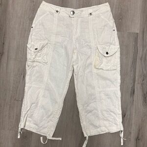 White Linen Blend Cargo Capri Pants L